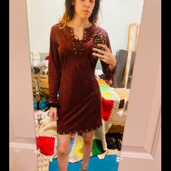 Venus Burgundy Red Suede Velvet Lace Up Dress - Picture 2 of 4
